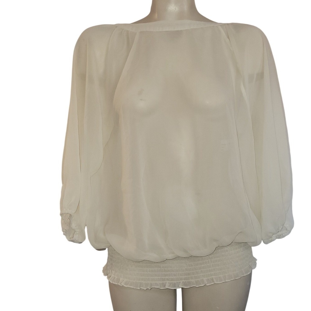 Cream Sheer Off Shoulder Smocked Blouse‎ Balloon Sleeve Tie Back Ruffle Hem Top